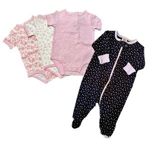 SESAME STREET, NWOT, SET OF 3, PINK, NEWBORN ONESIES.GERBER, BLACK/PINK SLEEPER.